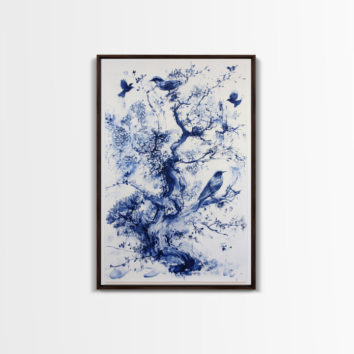 Chinoiserie Wall Art Framed Canvas Print, Blue Tree and Birds, Botanical Print, Birdwatcher Gift Idea, Chinoiserie Style Painting