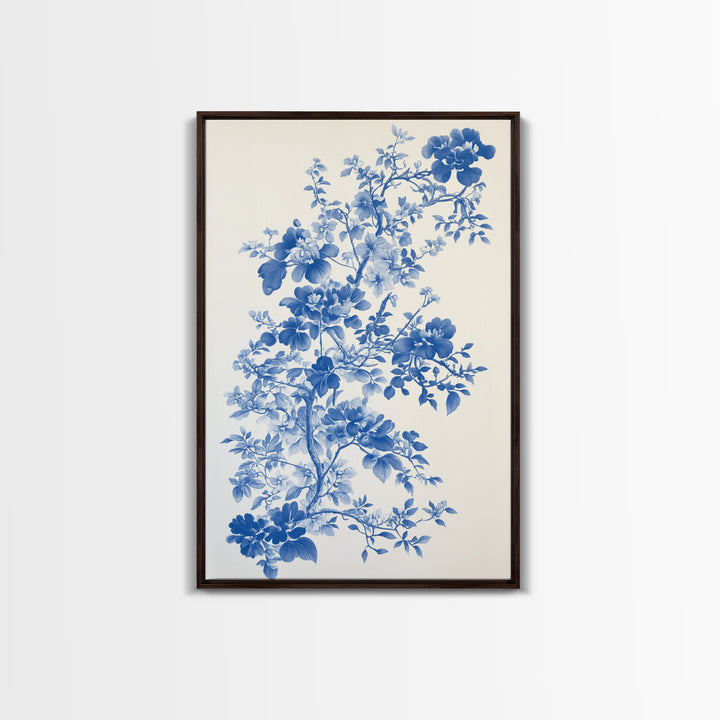 Blue Floral Print, Chinoiserie Wall Art, Framed Canvas, Canvas Art Home Decor, Chinoiserie Style Painting