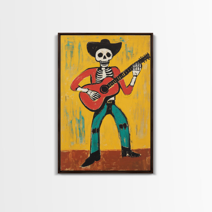 Canvas Print Of a Cowboy Skeleton Guitarist, Mexicano Art, Chicano Art, Original Artwork, Vaquero Art