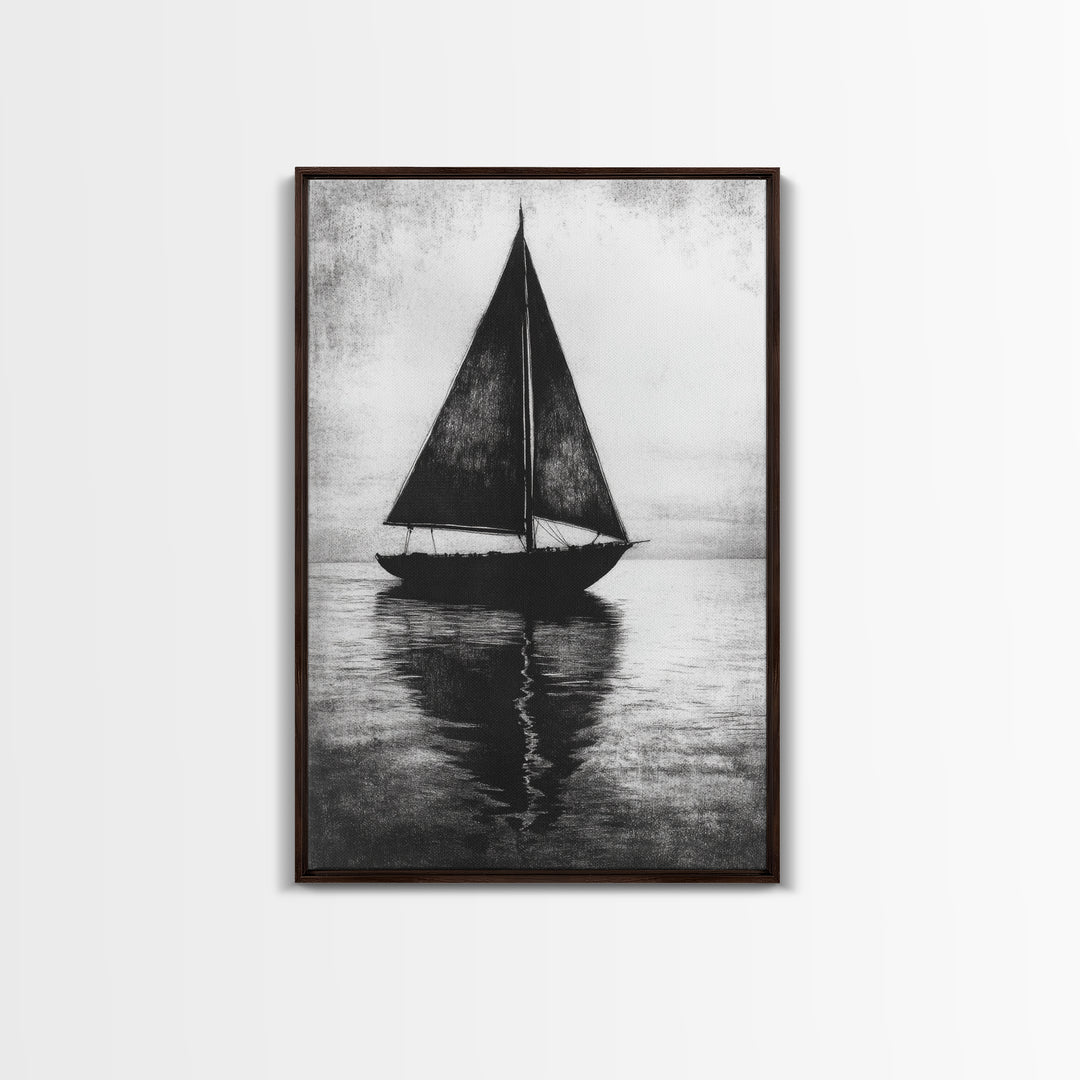 Charcoal Sketch of a Sailboat, Framed Canvas Print, Sailboat Painting, Minimalist Home Decor, Nautical Decor, Black and White Sailboat Art