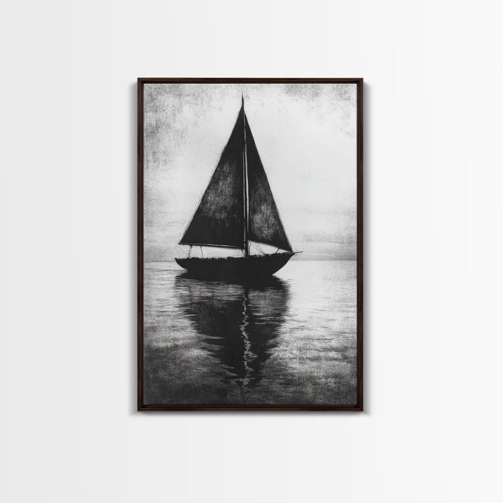 Charcoal Sketch of a Sailboat, Framed Canvas Print, Sailboat Painting, Minimalist Home Decor, Nautical Decor, Black and White Sailboat Art