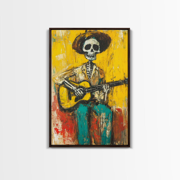 Chicano Canvas Print Of a Cowboy Skeleton Guitarist, Mexicano Art, Chicano Art, Original Artwork, Vaquero Art