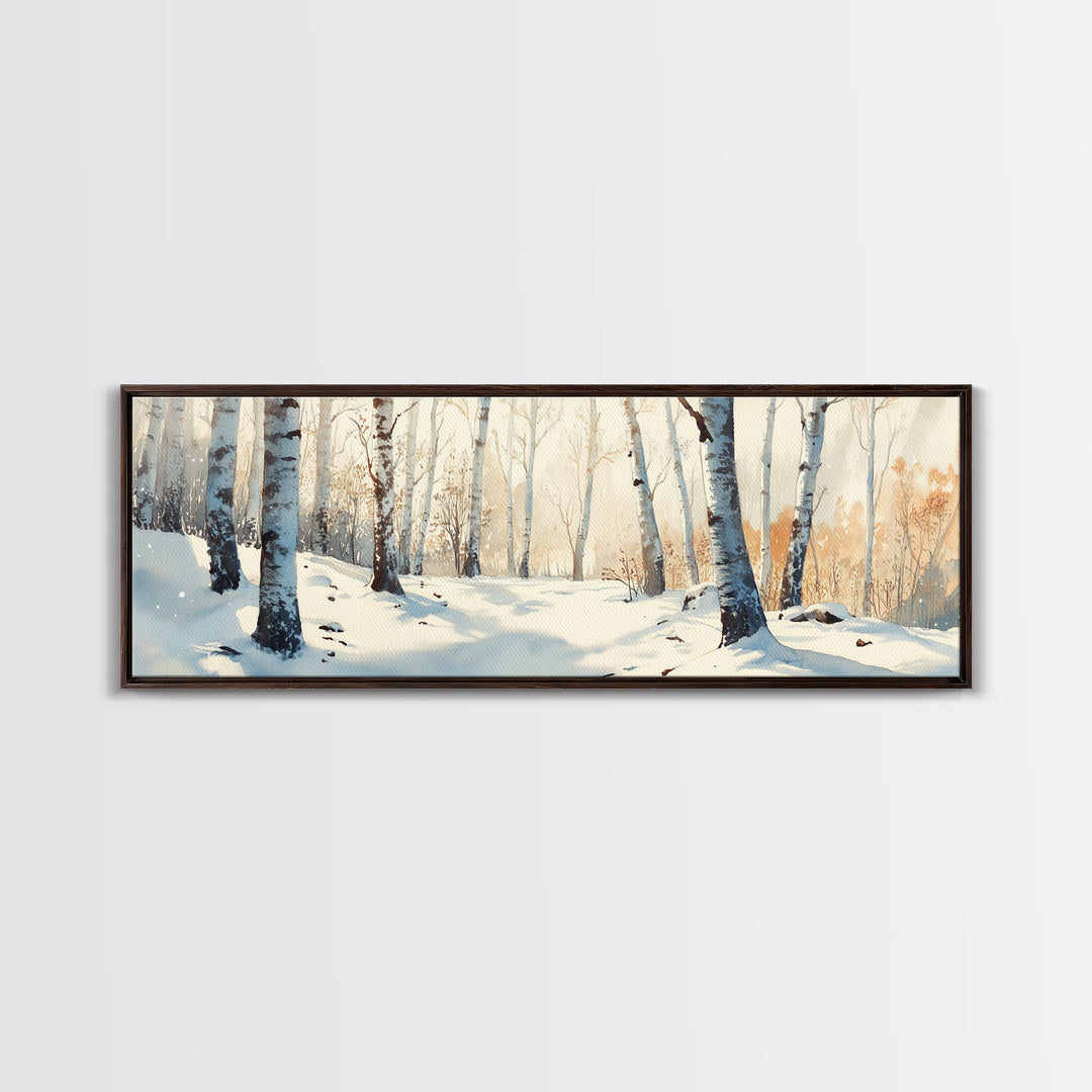 Birch Tree Forest In The Snow Covered Winter Framed Canvas Print, Panoramic Wall Art, Original Birch Tree Art, Birch Tree Painting, Horizontal Art