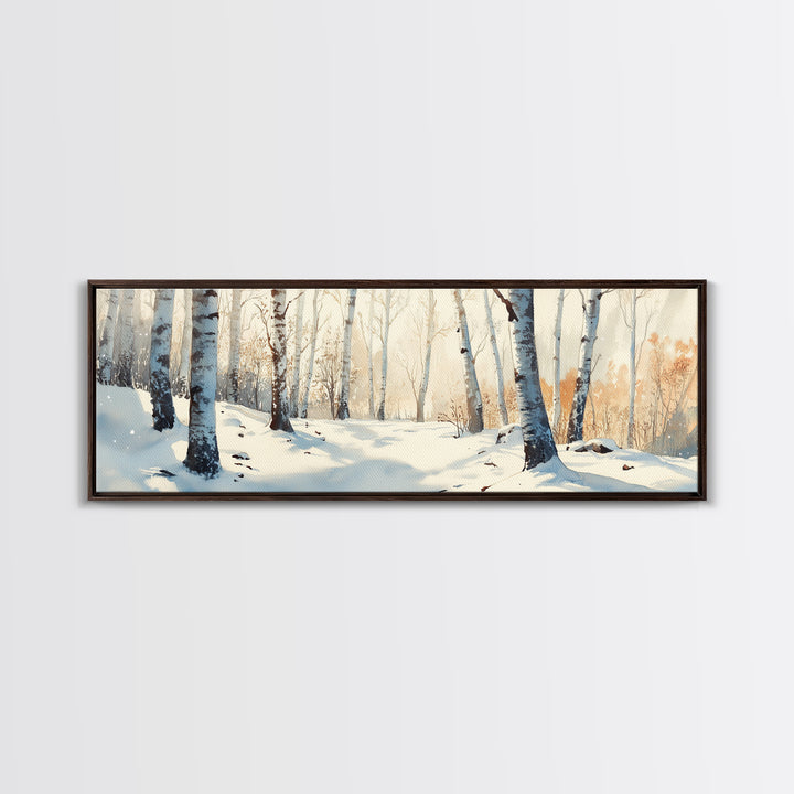 Birch Tree Forest In The Snow Covered Winter Framed Canvas Print, Panoramic Wall Art, Original Birch Tree Art, Birch Tree Painting, Horizontal Art