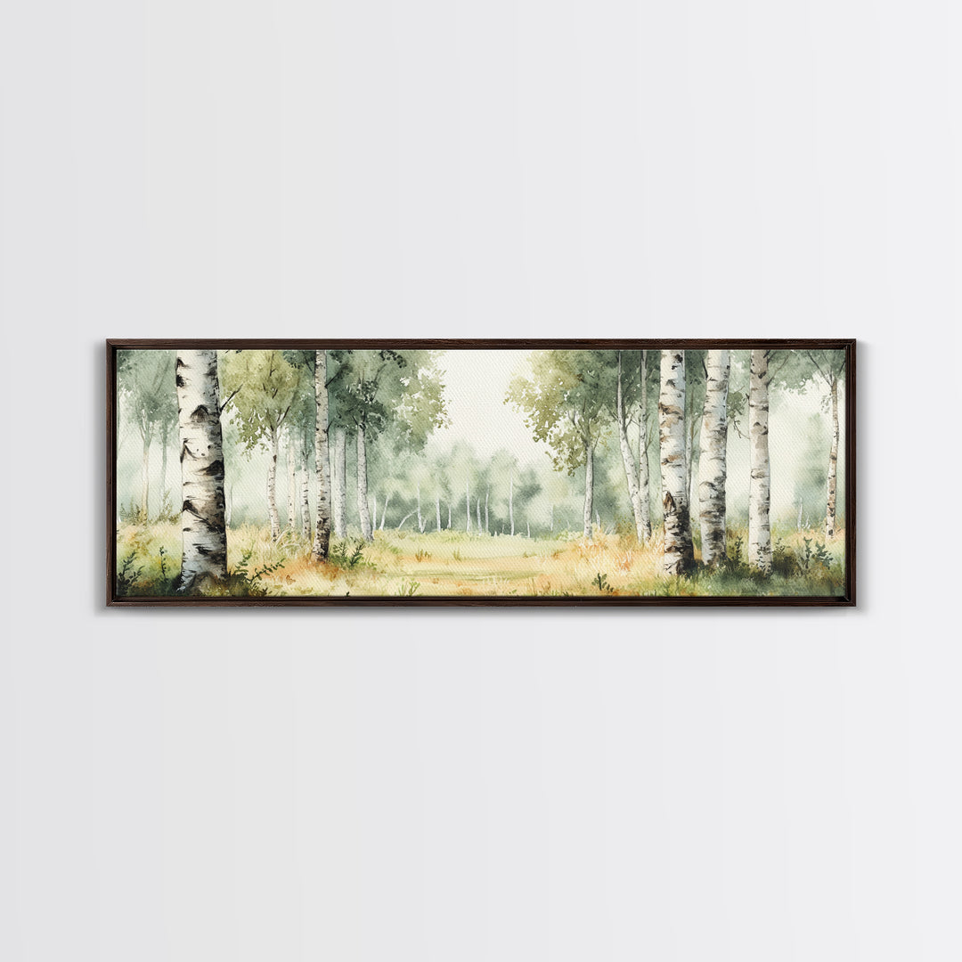 Silver Birch Trees in Spring Panoramic Canvas Print, Panoramic Painting, Aspen Trees Painting, Forest Landscape Horizontal Wall Art
