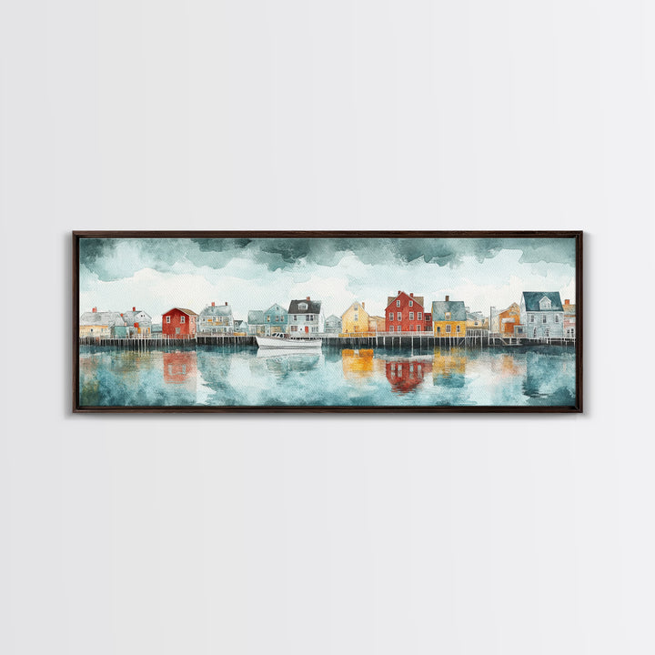 Panoramic Painting Print of Nantucket, Framed Canvas Print, Nantucket Painting, nautical seascape landscape painting, Nautical Decor