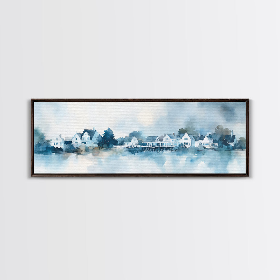 Horizontal Painting Print of Nantucket, Framed Canvas, Nautical Decor, Seascape landscape painting, Panoramic Nantucket Wall Art