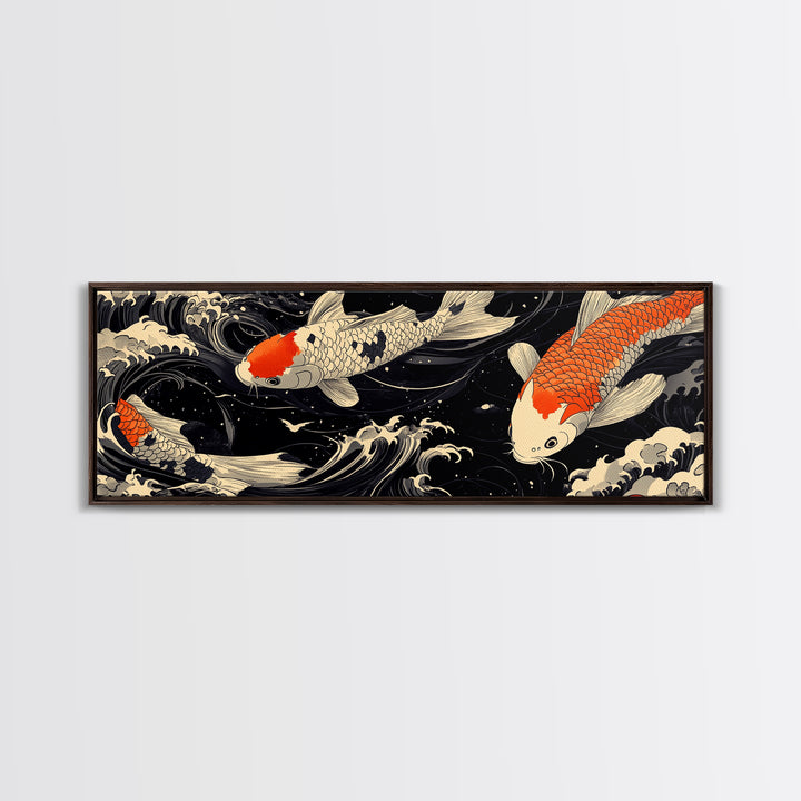 Wabi Sabi Boho Painting Print of Ko Fish, Japanese Style Decor, Panoramic Horizontal Wall Art, Extra Wide 70 Inch Wall Art, 72 Inch Wide Art