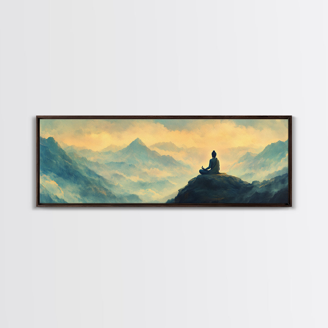 Buddha Meditating On The Mountain Framed Canvas Print, Zen Wall Art, Meditation Room Decor, Yoga Studio Decor, Panoramic Buddha Painting