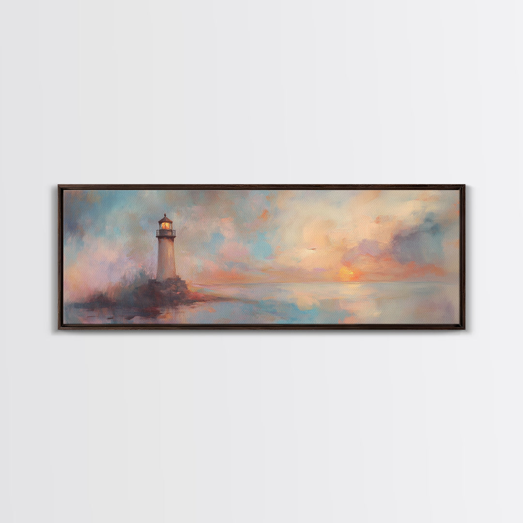 Nautical Home Decor, Whimsical Lighthouse Panoramic Painting Canvas Print, Seascape Painting, Light House Wall Art, Lighthouse Print