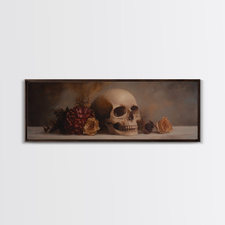 Dark Academia Oil Painting Print Stil Life of a Skull and Flowers, Gothic Home Decor, Goth Art, Witchy Decor, Halloween Art, Moody Decor