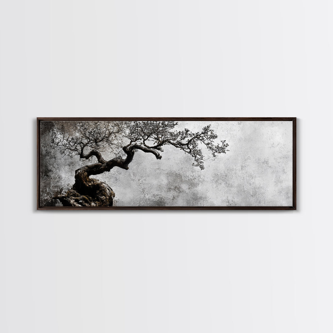 Black and White Bonzai Tree Framed Canvas Print, Wabi Sabi Japanese Style Home Decor, Minimalist Art, Moody Decor, Moody Art