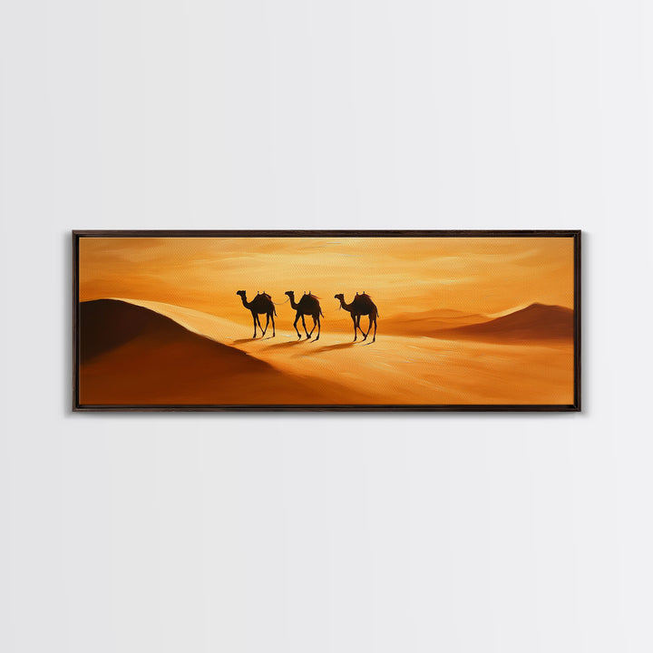 Camels in the desert Framed Canvas Print, Desert Painting, Desert Wall Art, Southwestern Decor, Minimalist Decor, Orange Hues Art