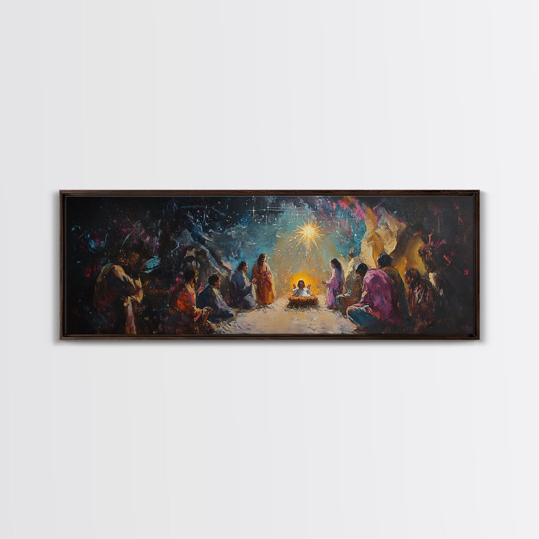 Panoramic Nativity Painting Print, Christmas Decor, Canvas Print, Retro Nativity Scene Oil Painting, Modern Art For Christmas