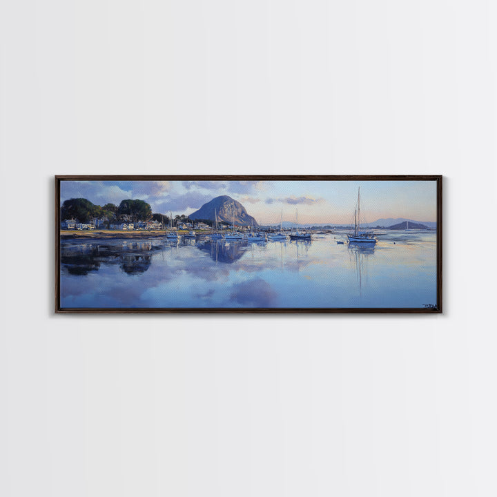 Panoramic Painting Print of Morro Bay California, Painting Morro Bay Framed Canvas Print, California Wall Art, Nautical Seascape Landscape Painting