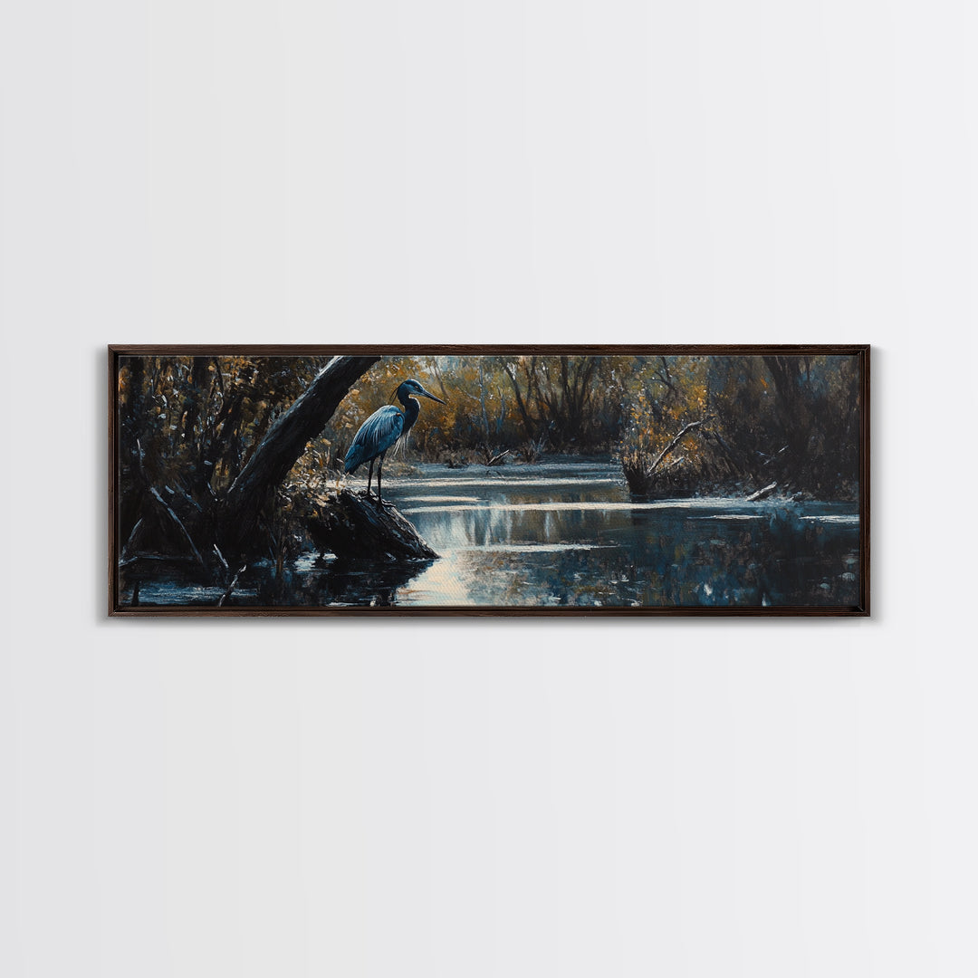 Blue Heron Wall Art, Framed Canvas Print, Nautical Home Decor, Blue Heron Painting, Panoramic Horizontal Wall Art