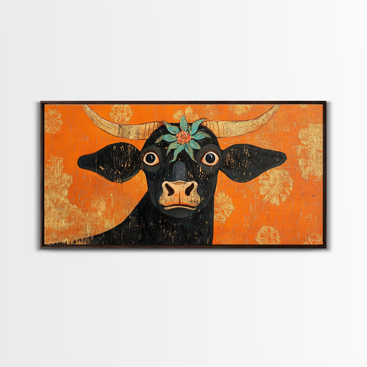Abstract Wide Eyed Cow, Funny Art, Framed Canvas Print, Chicano Wall Art, Mexican Style Art, Farmhouse Decor, Cow Painting, Cow Print