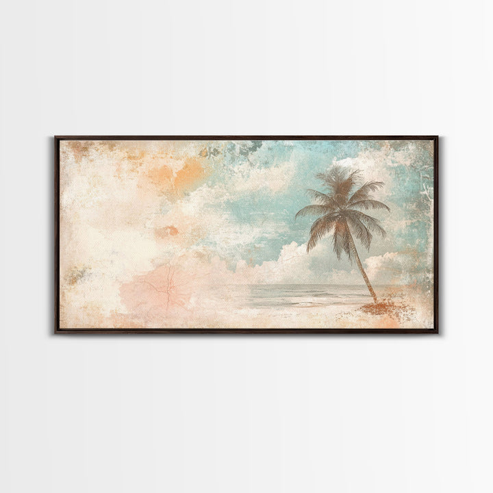Distressed Painting Print of a Lone Palm Tree on a Beach, Framed Canvas Print, Retro Nautical Landscape Painting, Beach Wall Art, Beach Print