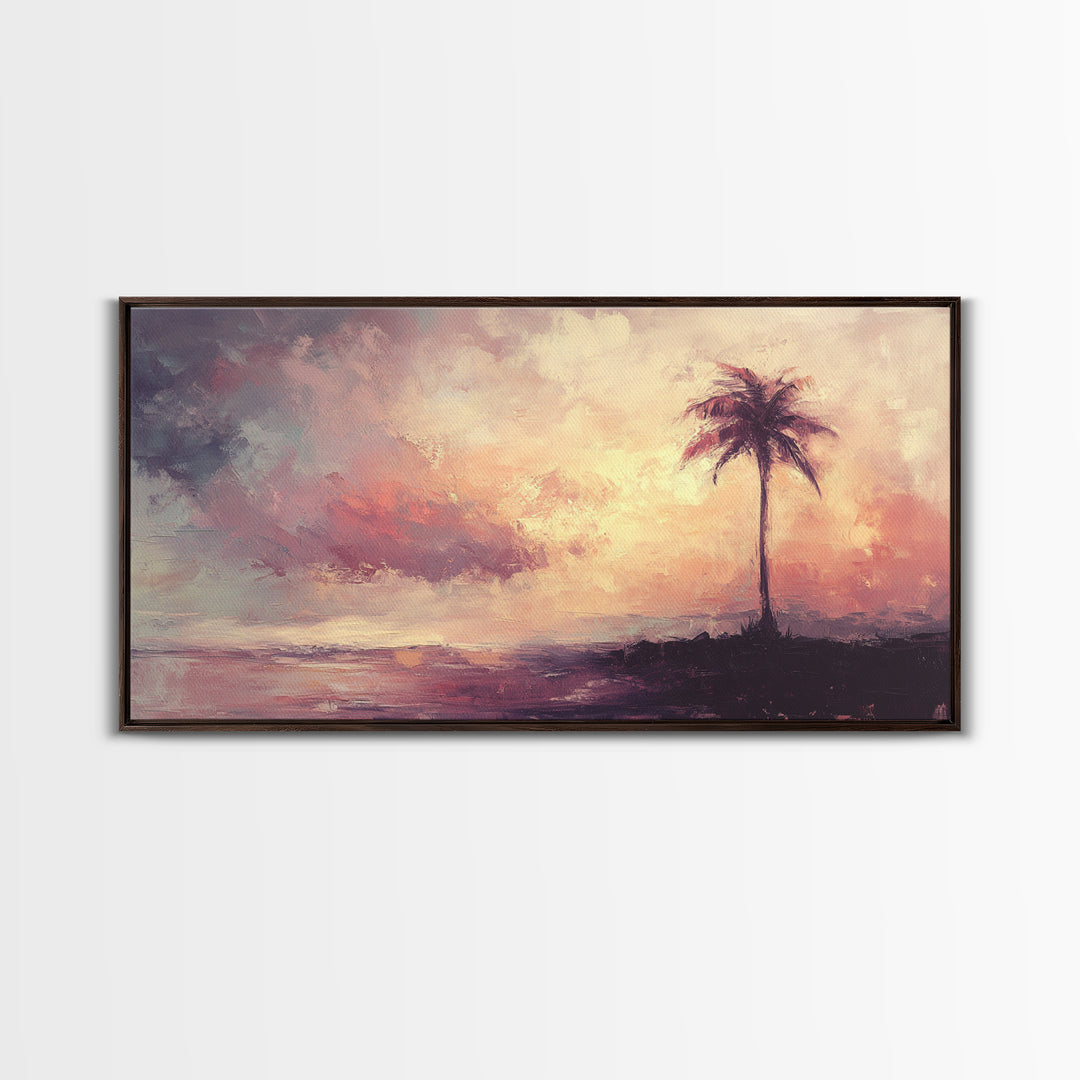 The Beach and the Palm Tree Framed Canvas Print, Nautical Home Decor, Nautical Nursery Art, Moody Beach Painting, Seascape painting