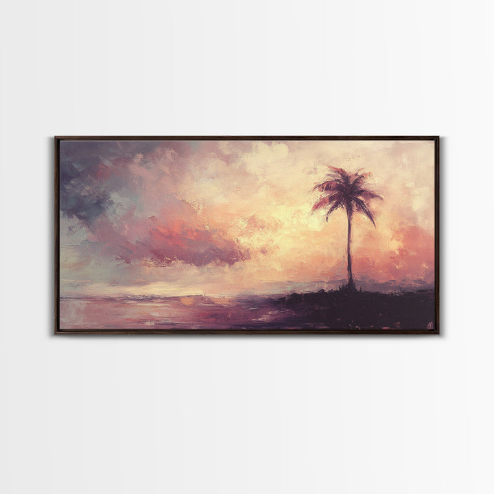 The Beach and the Palm Tree Framed Canvas Print, Nautical Home Decor, Nautical Nursery Art, Moody Beach Painting, Seascape painting