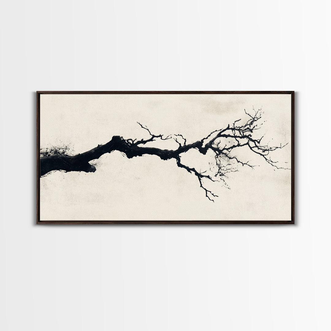 Black and White Wall Art, Framed Canvas Print, Dead Branch Painting on a Black Background, Charcoal Sketch, Charcoal Painting Wall Art