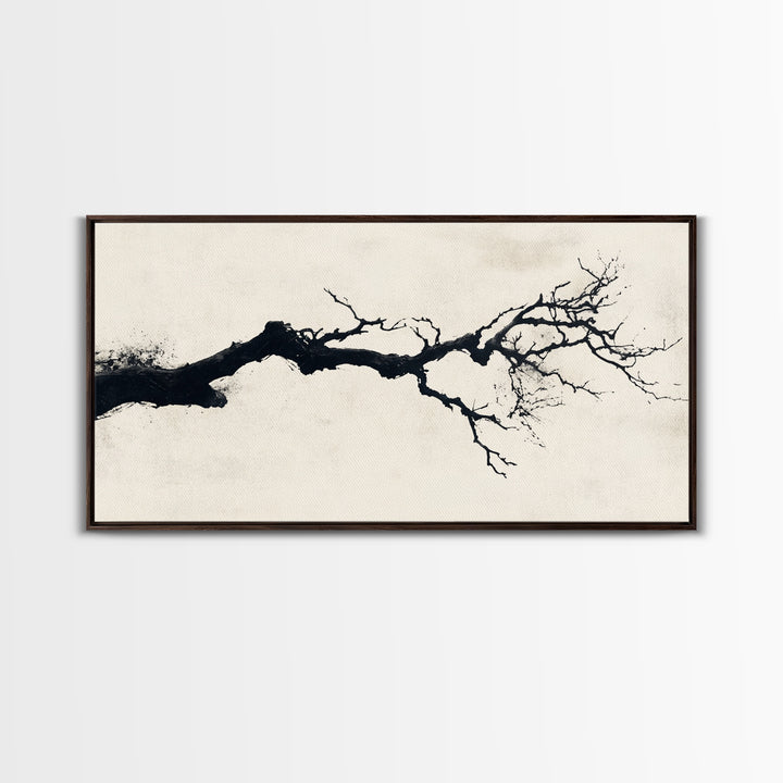 Black and White Wall Art, Framed Canvas Print, Dead Branch Painting on a Black Background, Charcoal Sketch, Charcoal Painting Wall Art