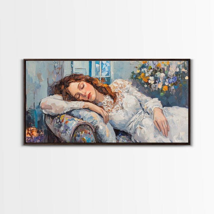 Decadent Young Woman Inspired Wall Art, Framed Canvas Print, Victorian Oil Painting Of a Woman Taking a Nap, Cute Bedroom Decor