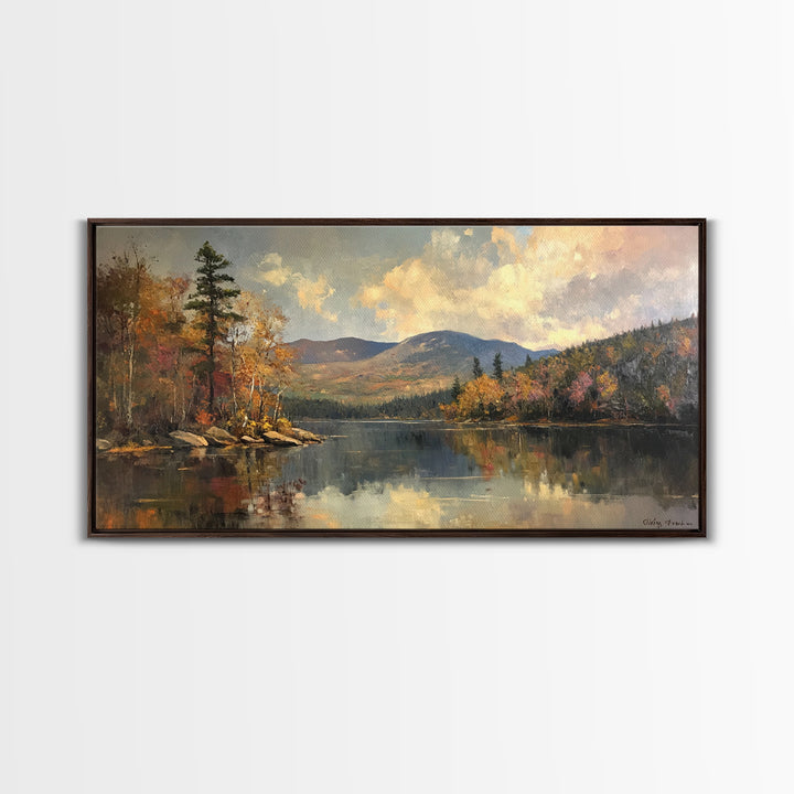 Mountains With Lake French Landscape Panoramic Oil Painting Canvas Print, Canvas with Wood Frame, Modern Living Room Wall Art