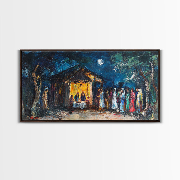 Abstract Oil Painting Print of The Nativity - Framed Canvas Print - Christian Christmas Wall Art - Wood Framed Art - Above Mantle Art