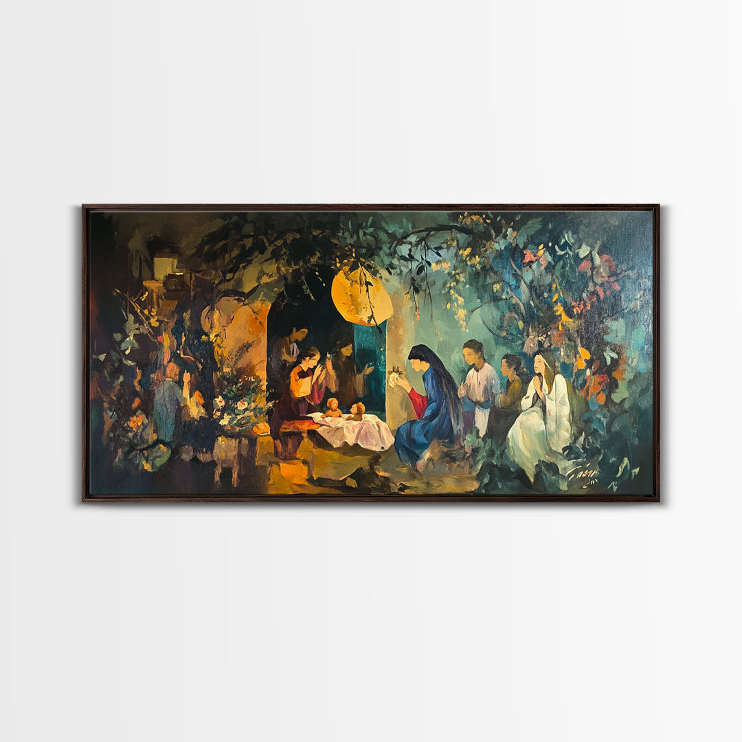Christian Nativity Jesus In The Manger Ready To Hang Canvas Wall Art - Farmhouse Christmas Decor - Christian Wall Art - Christian Painting