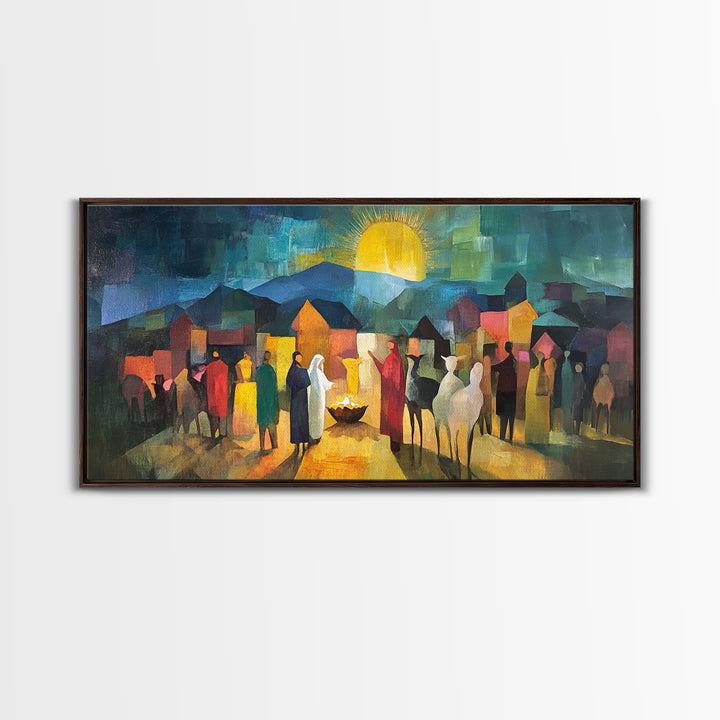 Christmas Nativity Scene Art Print - Framed WalL Art Canvas Print - Mary, Joseph and Baby Jesus in Bethlehem Abstract Oil Painting Print