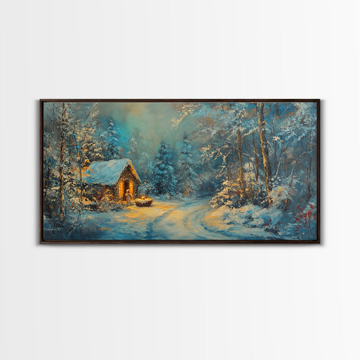 Above Mantle Christmas Wall Art, Framed Canvas Print, Cabin Art, Wall Art For Cabin, Winter Landscape Painting, Winter Themed Home Decor