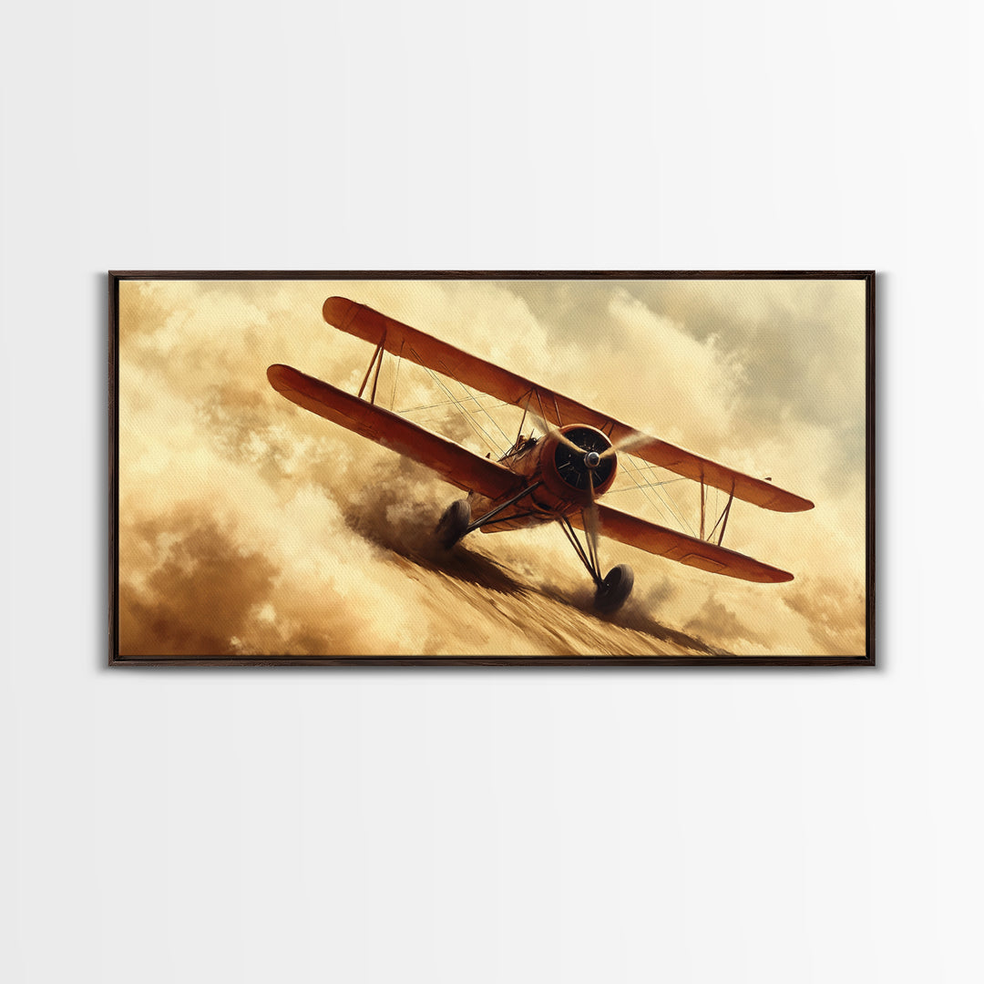 Biplane Taking Off In a Sandstorm, 1920s Airplane Painting, Retro Airplane Wall Art, Gift For Him, Office or Man Cave Wall Art