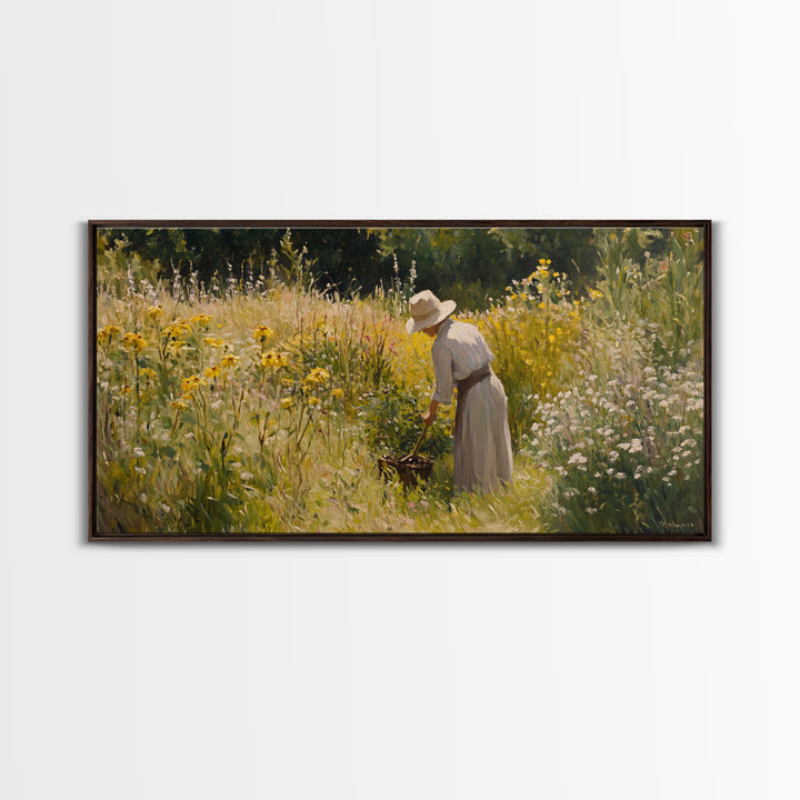 Victorian Oil Painting Print of a Woman In The Garden, Framed Canvas Print, Ready To Hang Art, Woman in Garden Painting Home Decor