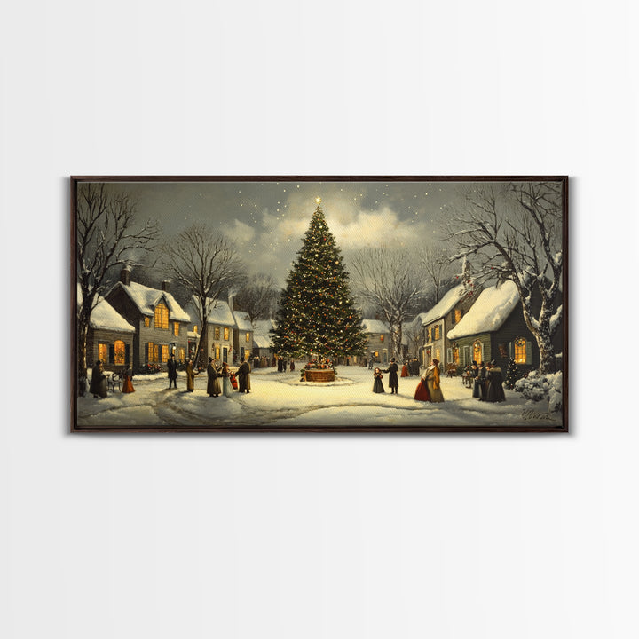 Christmas Village Framed Canvas Print Winter Decor, Canvas Wall Art, Victorian Christmas Oil Painting, Christmas Village Art