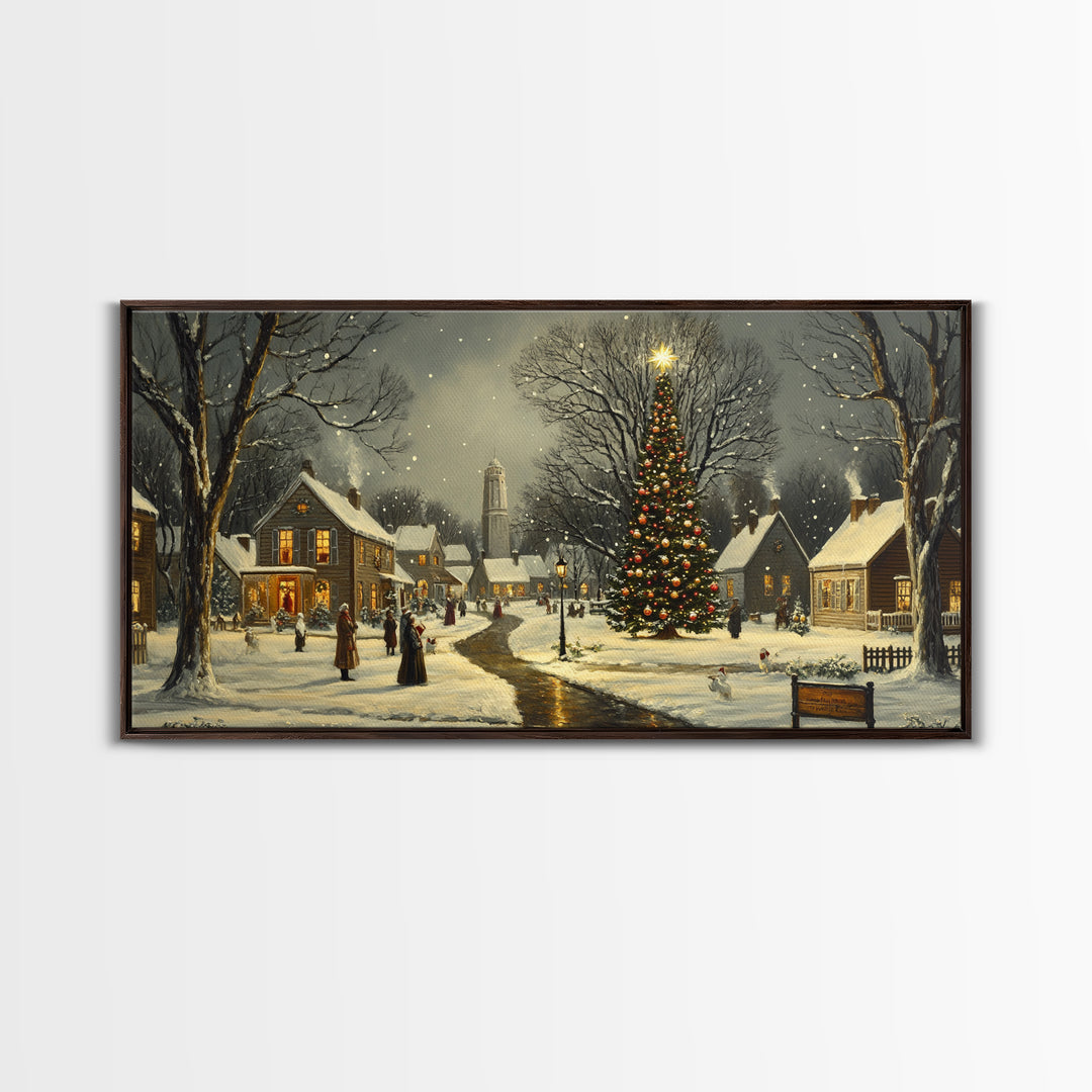 Christmas Sceneary Wall Art Framed Canvas Print, Winter Wall Art, Christmas Village Painting, Victorian Christmas Oil Painting, Horizontal Art