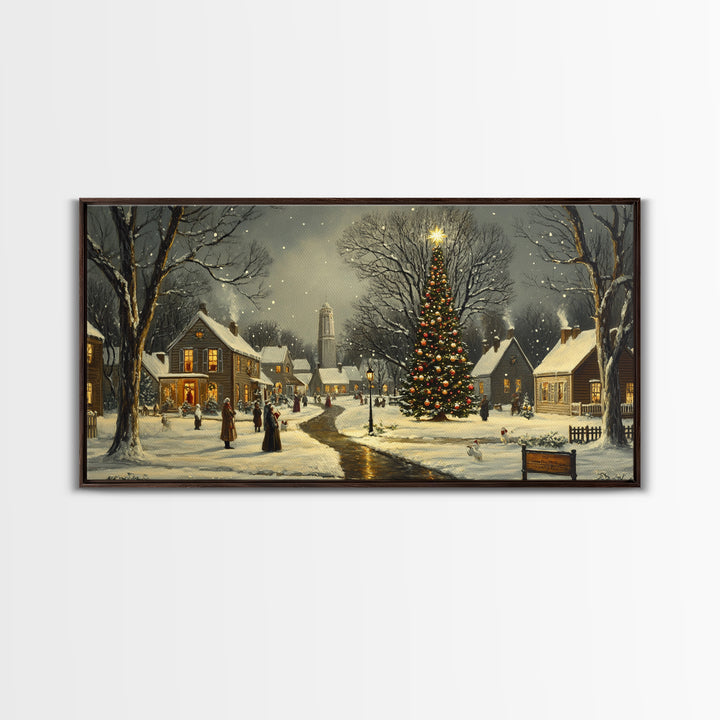 Christmas Sceneary Wall Art Framed Canvas Print, Winter Wall Art, Christmas Village Painting, Victorian Christmas Oil Painting, Horizontal Art