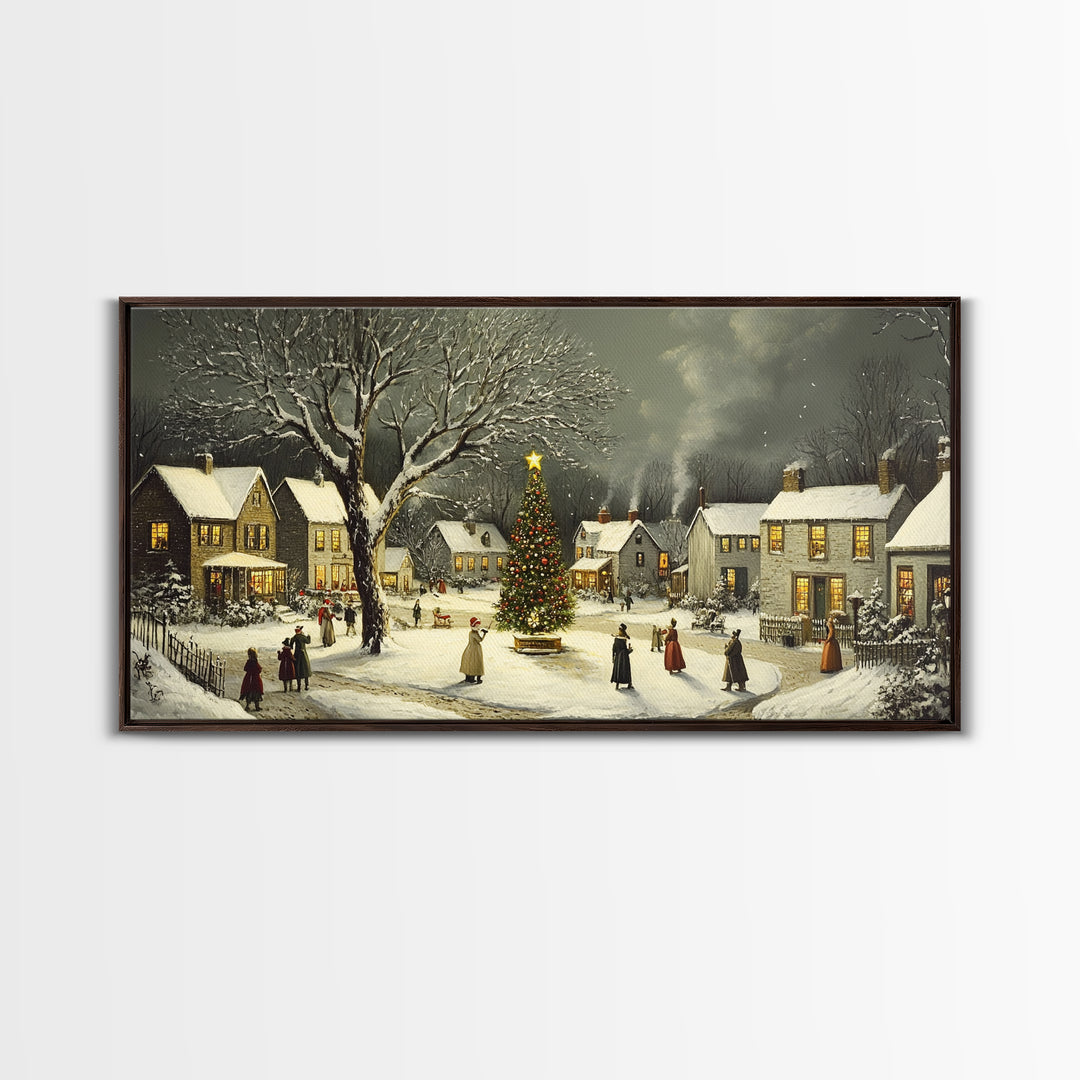 Bustling Christmas Street Scene Oil Painting Canvas Print, Snowy Holiday Night, Festive Victorian Christmas Village Oil Painting, Christmas Decor