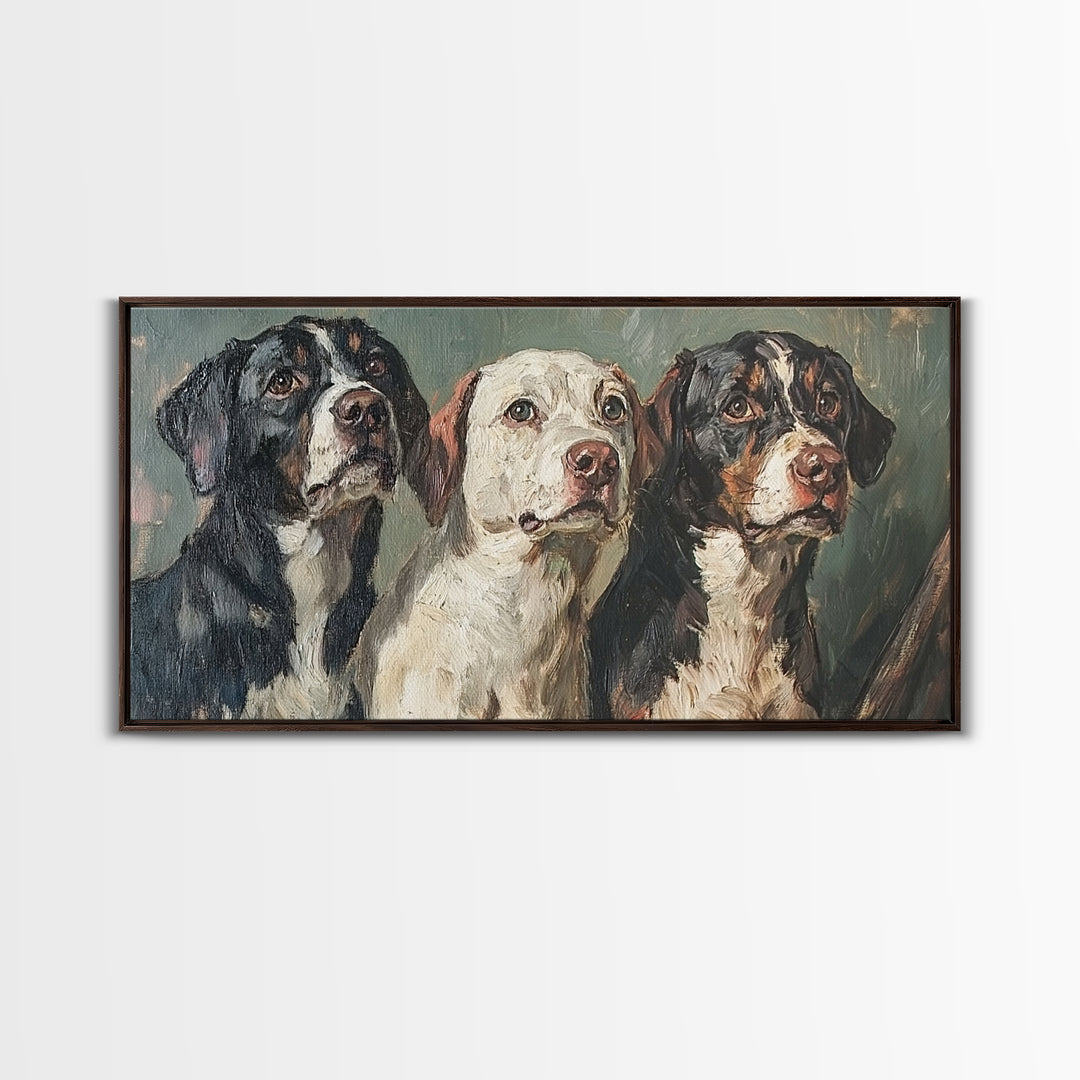 Cute Hunting Dogs Framed Canvas Print, Hunting Dogs Oil Painting, Modern Farmhouse, Traditional Home Decor, Rustic Wall Art, Dog Lover Gift