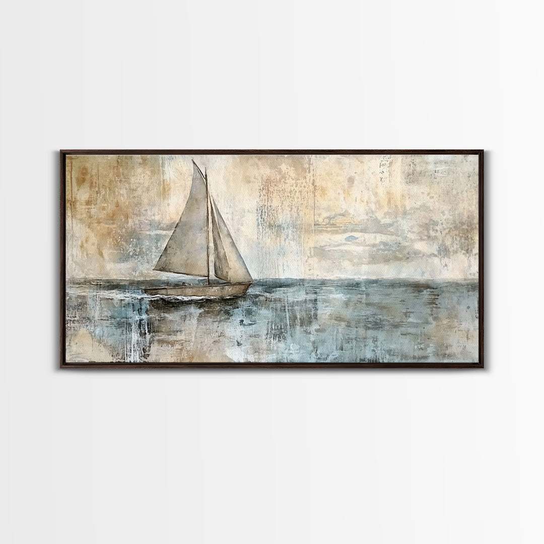 Coastal Sailboat Painting Print, Ready To Hang Art, Framed Canvas, Coastal Art Print For Beach House Decor, Wabi Sabi Sailboat, Inspired Ocean