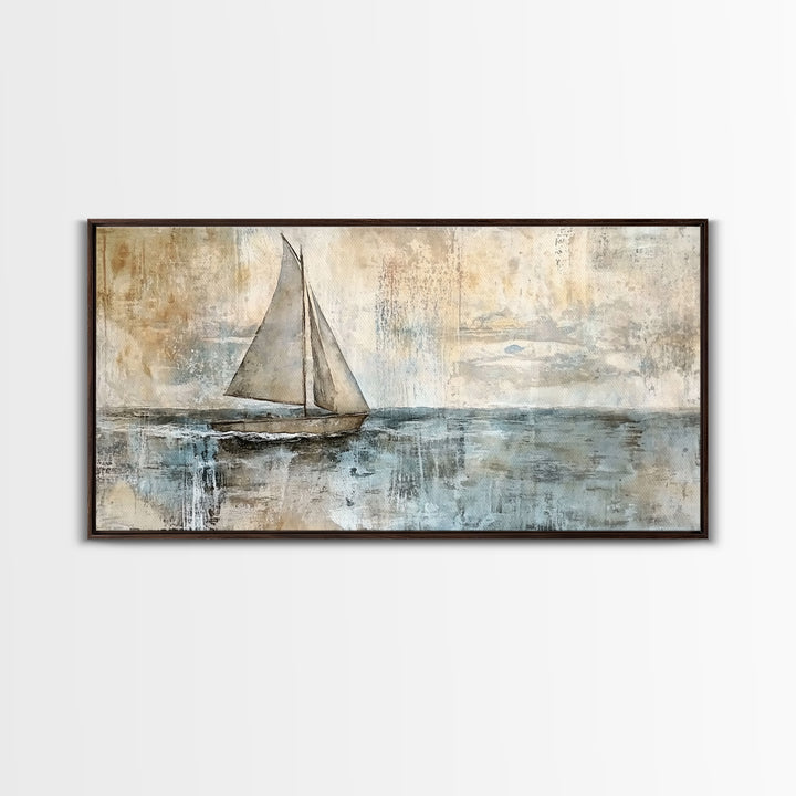Coastal Sailboat Painting Print, Ready To Hang Art, Framed Canvas, Coastal Art Print For Beach House Decor, Wabi Sabi Sailboat, Inspired Ocean