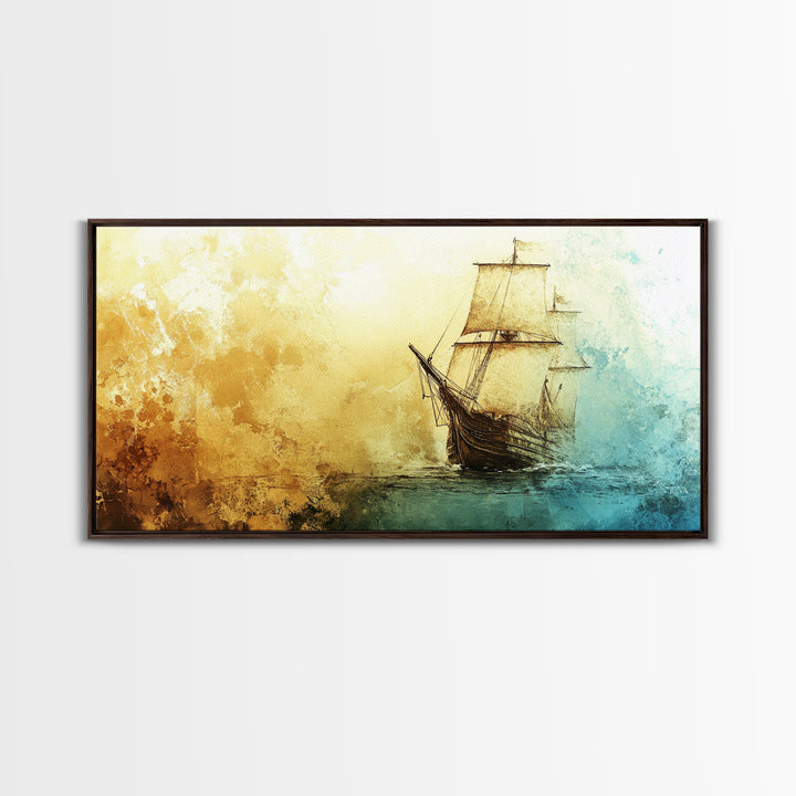 Abstract Pirate Ship Nautical Decor Framed Canvas Print - Nautical Wall Decor - Sailboat Painting - Neutral Wall Decor - Coastal Wall Art