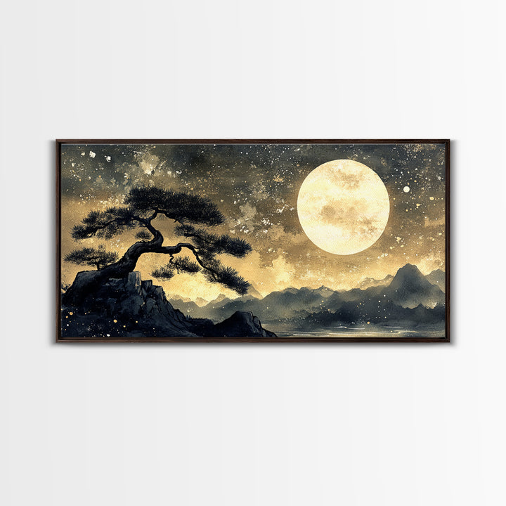 Bonzai Tree Under a Full Moon, Framed Canvas Print Ready To Hang, Minimalist Wabi Sabi Japanese Style Artwork, Above Sofa Wall Art, Home Decor