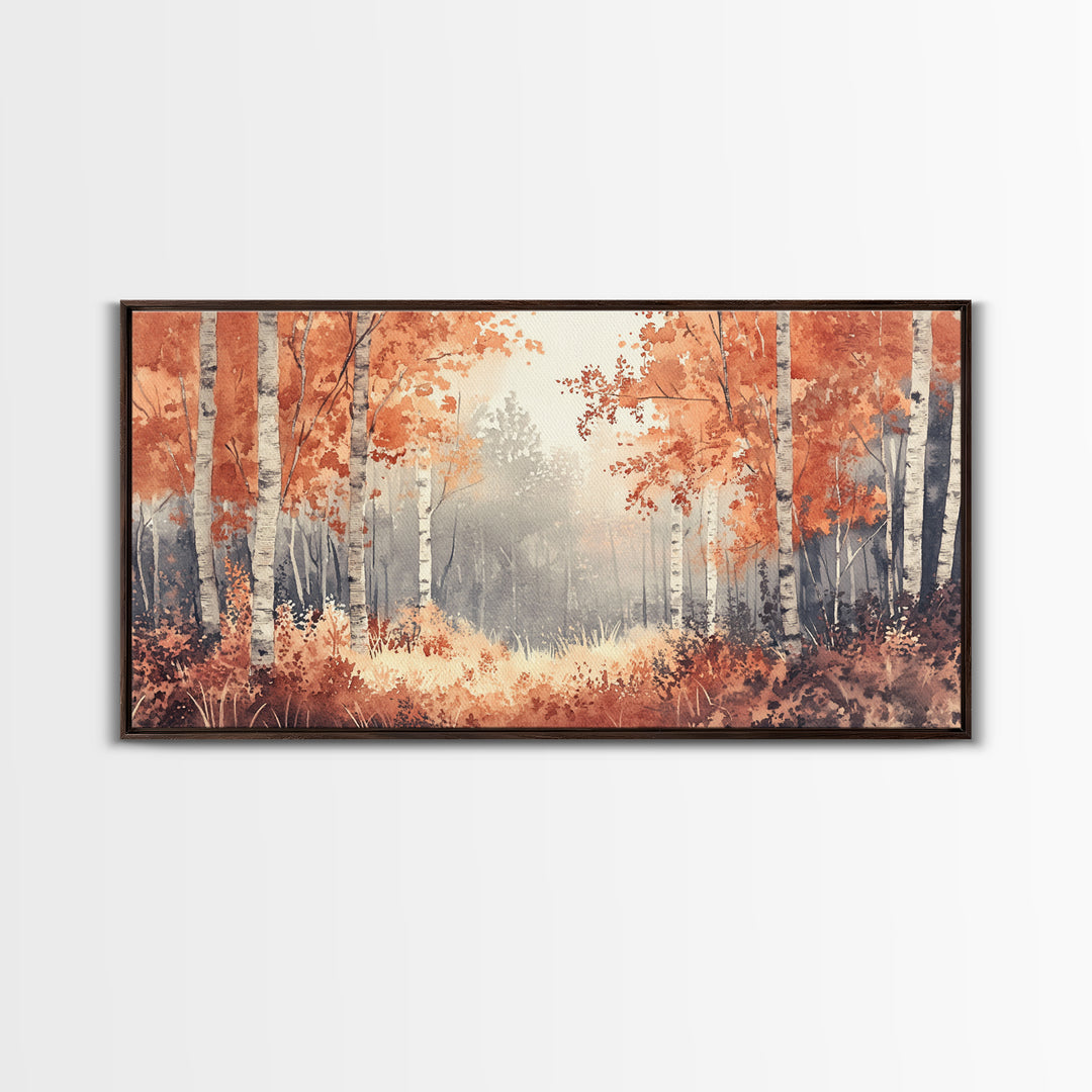 Aspen Landscape, Autumn Forest Print, Birch Tree Painting Framed Canvas Print, Ready To Hang Wall Art, Modern Abstract Nature Wall Art