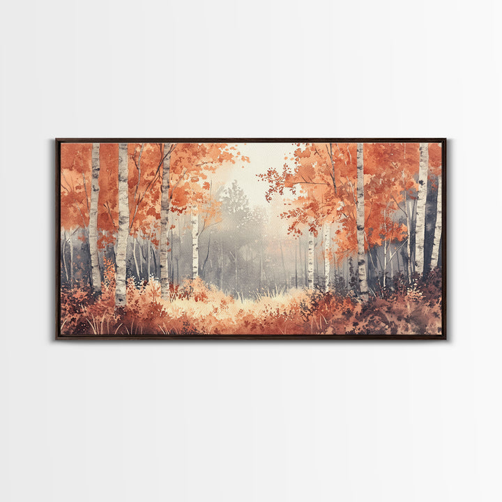 Aspen Landscape, Autumn Forest Print, Birch Tree Painting Framed Canvas Print, Ready To Hang Wall Art, Modern Abstract Nature Wall Art