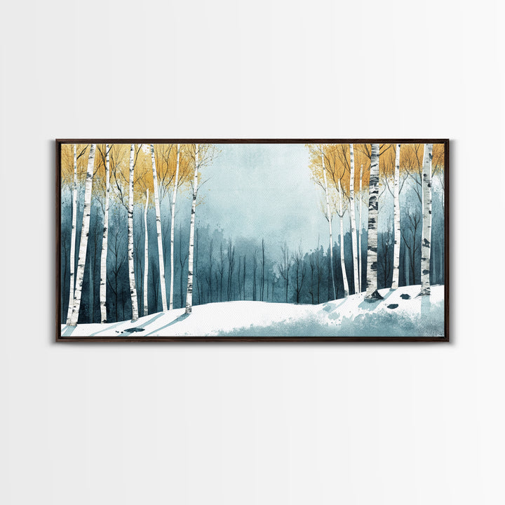 Birch Tree Forest in Winter Framed Canvas Print Ready To Hang Wall Decor, Winter Art, Winter Decor, Birch Painting, Aspen Trees Forest Art