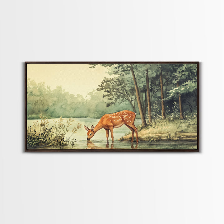 Deer Drinking Water in Forest Painting Print, Deer Painting, Cabin Decor, Cabin Wall Art, Framed Canvas Print, Nature Lover Gift, Nature Art