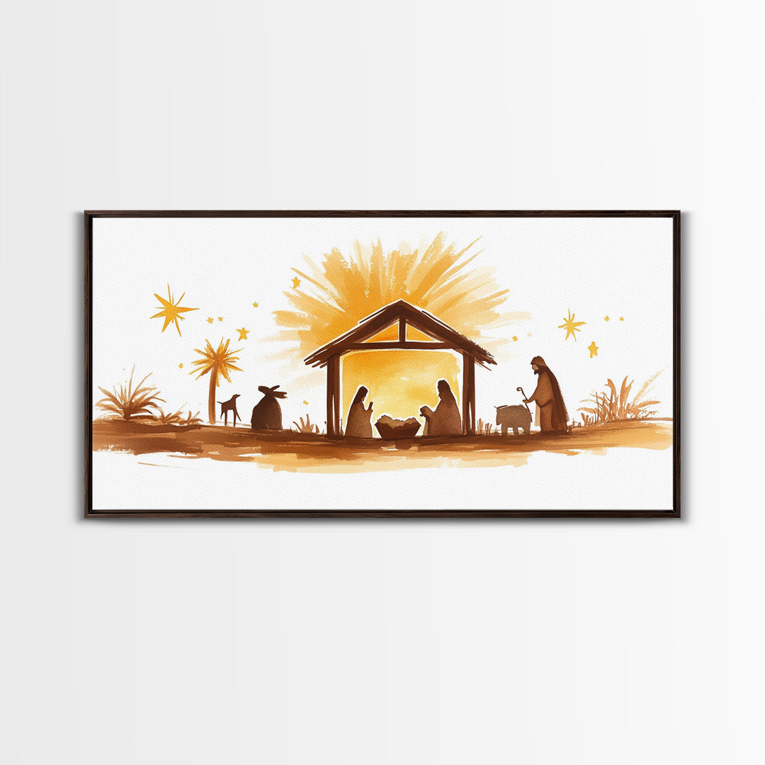 Cute Nativity Watercolor Painting Canvas Print - Framed Wall Art - Ready To Hang - Christmas Nativity Centerpiece Wall Art