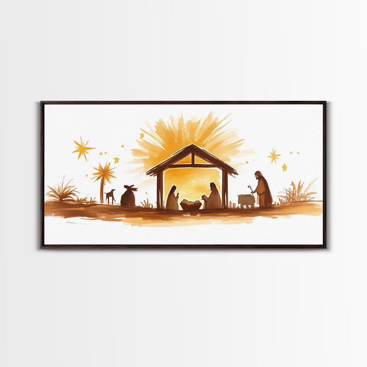 Cute Nativity Watercolor Painting Canvas Print - Framed Wall Art - Ready To Hang - Christmas Nativity Centerpiece Wall Art