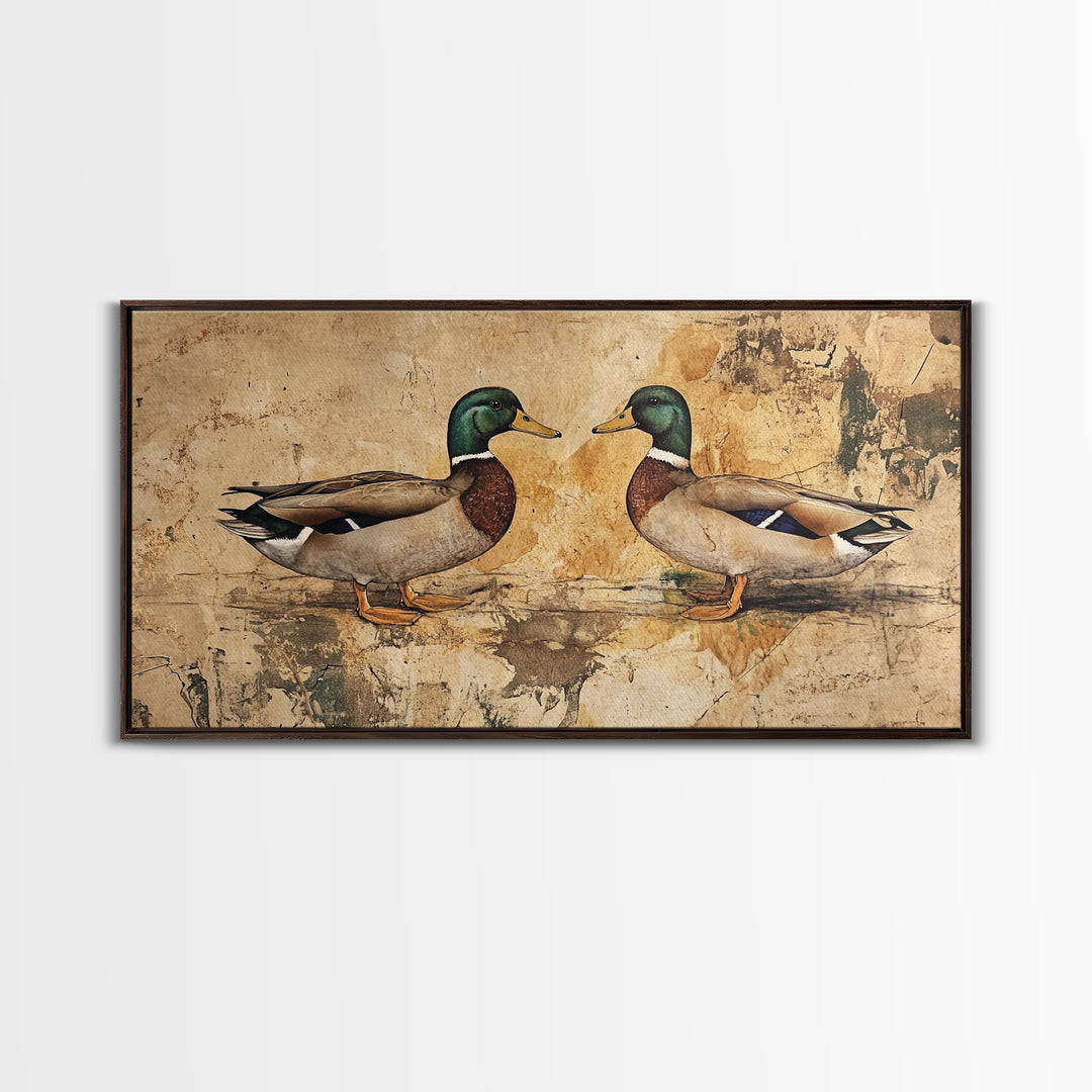 Cute Kissing Mallard Ducks - Rustic Farmhouse Wall Art - Framed Canvas Print - Gift For Hunter or Outdoorsman - Cabin Art - Cabin Decor